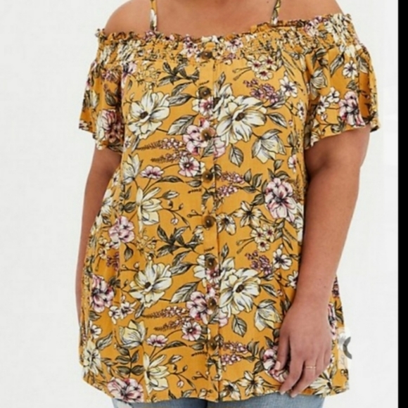 Torrid Top Cold Shoulder Floral Print Woven Gauze Yellow Plus Size 2X - Picture 1 of 16